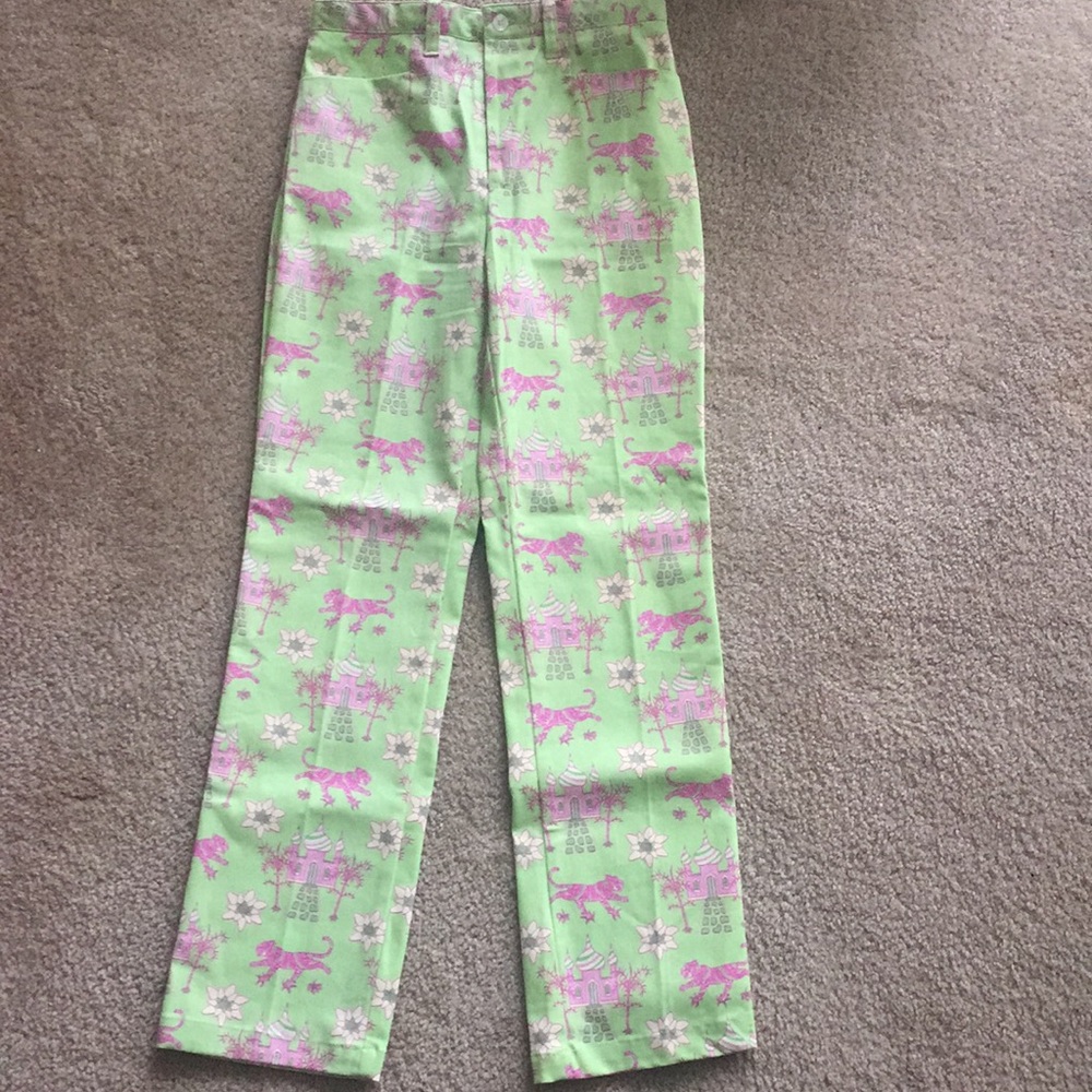 Straight Leg Women's Pants in Mint Green with Pink Print